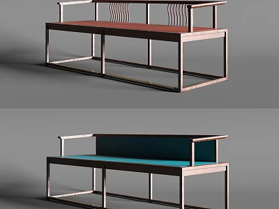 Modern Wooden Frame Sofa Set With Red And Blue Cushions And Armrests 3d model