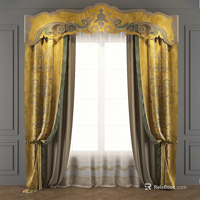 Elegant Classical Curtains With Yellow Green Ornate Patterns And Decorative Valance 3d model 