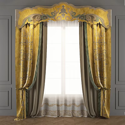 Elegant Classical Curtains With Yellow Green Ornate Patterns And Decorative Valance 3d model