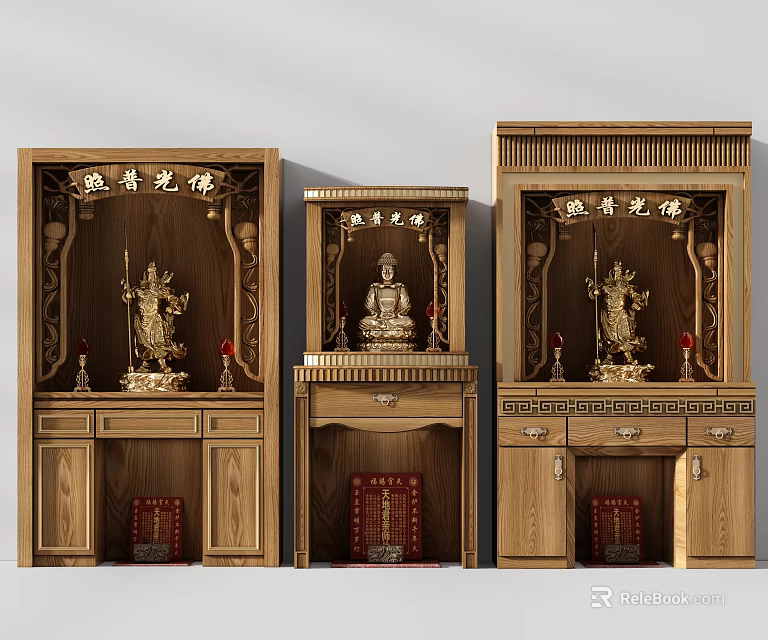 Traditional Wooden Carved Buddhist Shrine Cabinets with Golden Statues and Red Items for Home Worship 3d model 