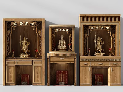 Traditional Wooden Carved Buddhist Shrine Cabinets with Golden Statues and Red Items for Home Worship 3d model