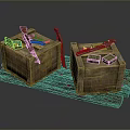 Weapons Including Guns And Knives Stored In Wooden Crates On Wooden Pallet