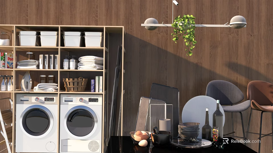Modern Bathroom Cabinet Rack With Storage Shelves Toiletries Plates And Green Plants 3d model 