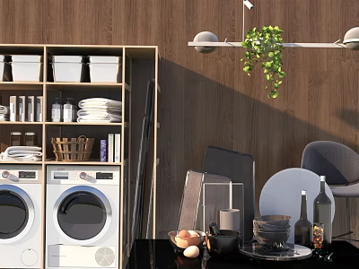 Modern Bathroom Cabinet Rack With Storage Shelves Toiletries Plates And Green Plants 3d model