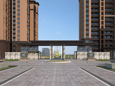 Residential Entrance Gate With High Rise Buildings Circular Ornament And Stone Walls Plaza 3d model