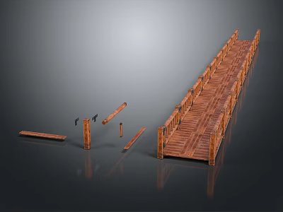 Wooden Bridge Structure With Scattered Planks And Posts 3d model