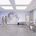 Public Office Space With Blue Walls Astronaut Models Ceiling Lights Moon Mural And Gear Decorations