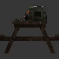 Military Weapons Collection on Wooden Table with Green Case Rifles Ammunition Belt and Grenades