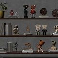 Decorative Ornaments Set on Wooden Shelves with Books Plants Figurines and Lamp