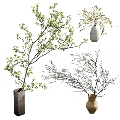 Various Decorative Vases With Green Leaf Branches Bamboo Leaves And Bare Twigs 3d model