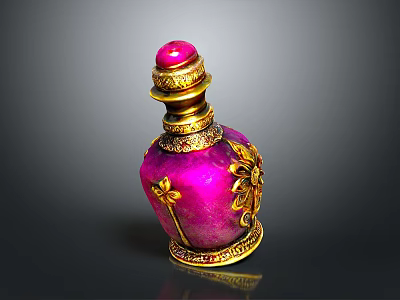 Hand Carved Pink Sculpture Bottle With Red Cap Golden Decorations And Intricate Patterns 3d model