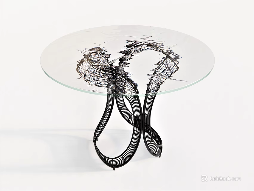 Modern Round Dining Table With Glass Top And Twisted Black Metal Legs 3d model 