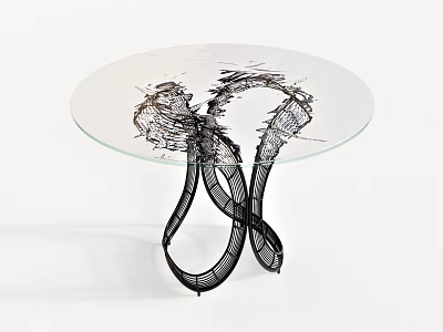 Modern Round Dining Table With Glass Top And Twisted Black Metal Legs 3d model