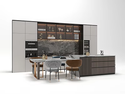 Elegant Modern Dining Table Set With Chairs Marble Wall And Cabinets 3d model
