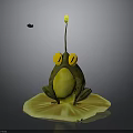 Frog Figurine Sitting On Yellow Lotus Leaf With Yellow Eyes And Stem Flower