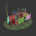 Scenic Circular Grassy Area With Red Street Lamp Metal Framework Tires and Gravel Path