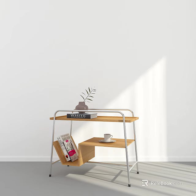 Modern Side Table with Metal Frame Wooden Shelves Potted Plant Books and Coffee Cup 3d model 