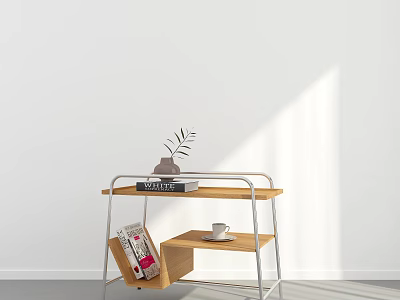 Modern Side Table with Metal Frame Wooden Shelves Potted Plant Books and Coffee Cup 3d model