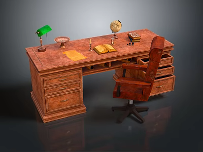 Wooden Desk With Green Lamp Globe Open Book And Brown Office Chair 3d model