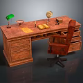 Wooden Desk With Green Lamp Globe Open Book And Brown Office Chair
