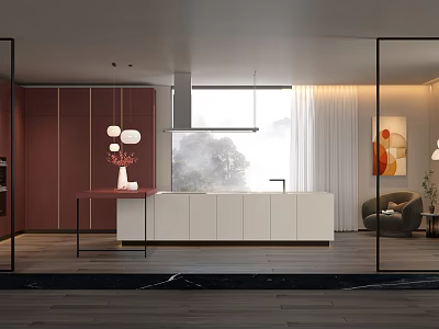 Modern Kitchen Interior With Dark Red Cabinets White Island And Large Window 3d model