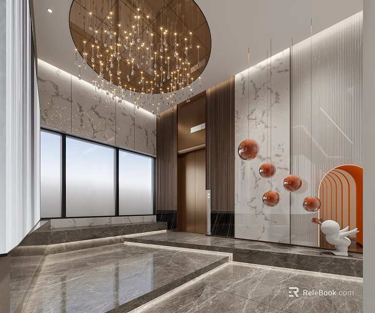 Modern Elevator Lobby Design With Marble Walls Chandelier Orange Decorative Balls And Arched Accents 3d model 