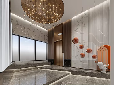 Modern Elevator Lobby Design With Marble Walls Chandelier Orange Decorative Balls And Arched Accents 3d model