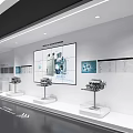 Modern Tech Exhibition Hall Interior With Linear Lighting White Display Stands And Blue Screens