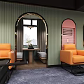 Modern Billiards Clubhouse Interior With Pool Tables And Orange Sofas 3d model