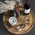 Rednett Syrah Wine Bottle And Glass With Ice Cubes Dried Flowers On Wooden Tray