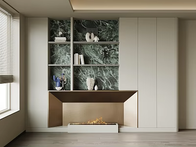 Modern Bookcase With Green Marble Backdrop and Golden Fireplace Displaying Decorative Items 3d model