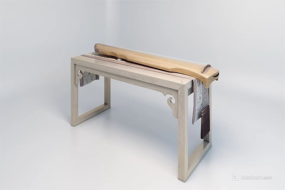 Traditional Musical Instrument Guzheng With Chinese Painting Tools On Classical Wooden Table 3d model 