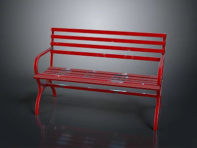 Red Metal Outdoor Bench With Slatted Design And Armrests For Garden Use 3d model
