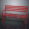 Red Metal Outdoor Bench With Slatted Design And Armrests For Garden Use