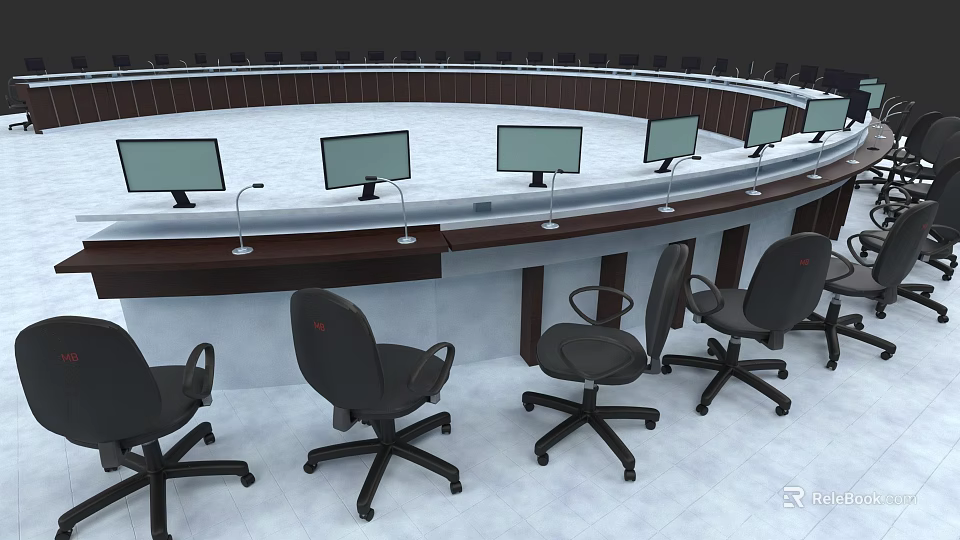 Professional Round Conference Table Setup With Multiple Monitors And Office Chairs 3d model