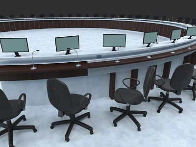 Professional Round Conference Table Setup With Multiple Monitors And Office Chairs 3d model