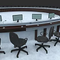 Professional Round Conference Table Setup With Multiple Monitors And Office Chairs 3d model
