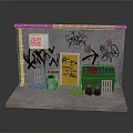 Urban Alleyway Scene With Graffiti Wall Yellow Door Green Trash Bin And Wooden Chairs