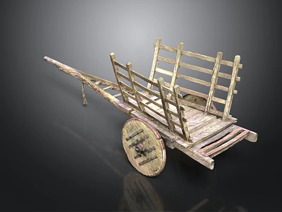 Ancient Wooden Cart with Simple Wooden Frame and Large Spoked Wheel 3d model
