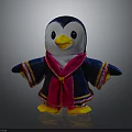 Cute Penguin Plush Toy with Black White Body Yellow Beak Feet Dark Blue Outfit Colorful Trim Pink Scarf