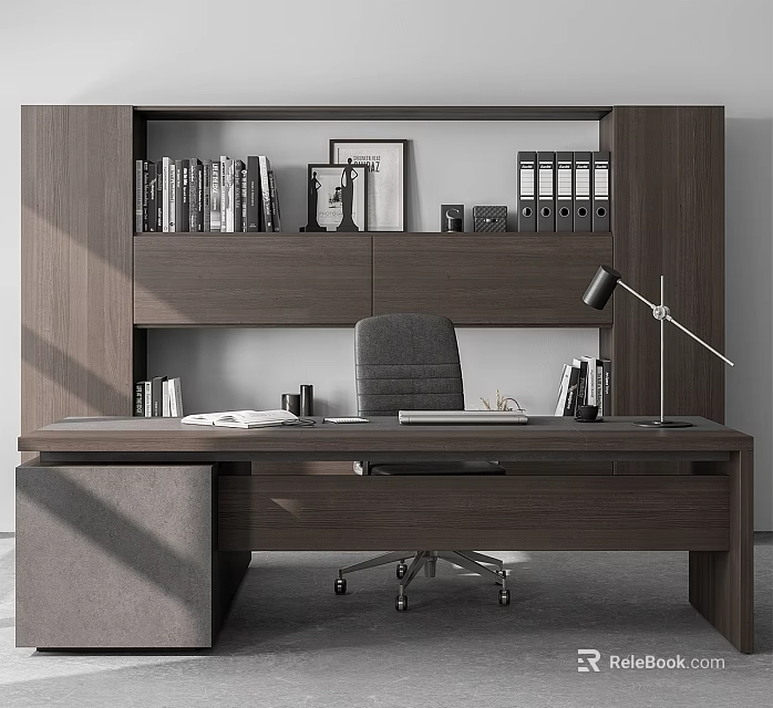 Modern Office Desk With Gray Chair Desk Lamp Bookshelf Books Picture Frames And File Folders 3d model 