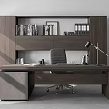 Modern Office Desk With Gray Chair Desk Lamp Bookshelf Books Picture Frames And File Folders