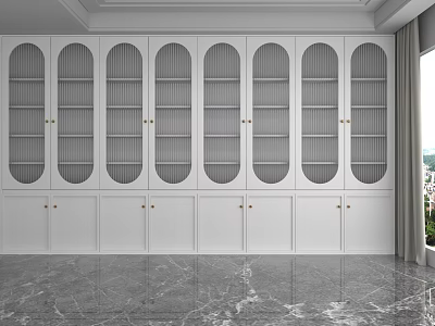 White Arched Display Shelves in Modern Style with Multiple Compartments and Marble Floor 3d model
