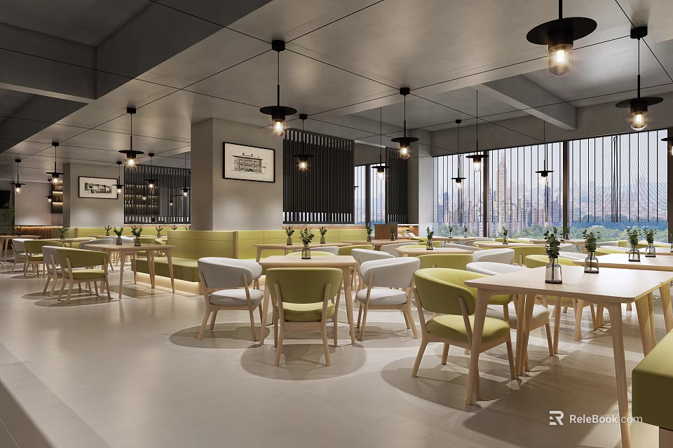 Modern Restaurant Interior With Green Seats Wooden Tables And Pendant Lights 3d model 