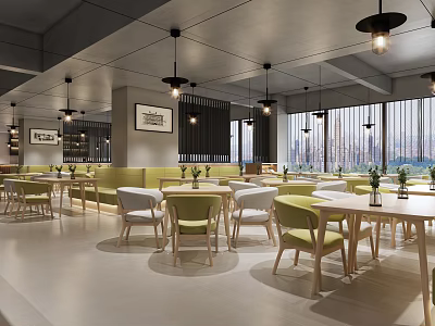 Modern Restaurant Interior With Green Seats Wooden Tables And Pendant Lights 3d model