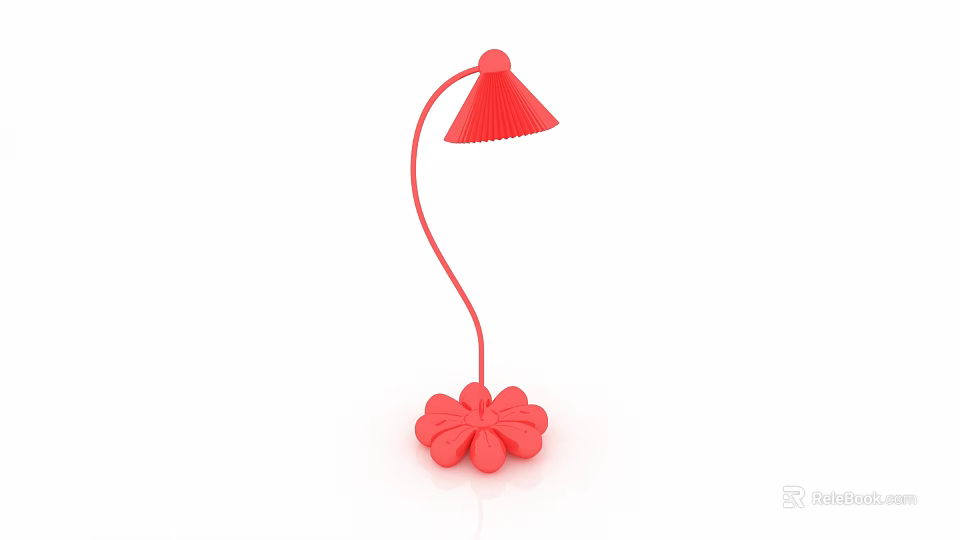 Red Table Lamp With Flower Shaped Base Curved Stem And Conical Shade 3d model