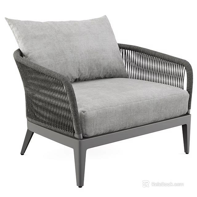 Modern Rattan Outdoor Lounge Chair With Gray Cushion And Metal Frame 3d model 