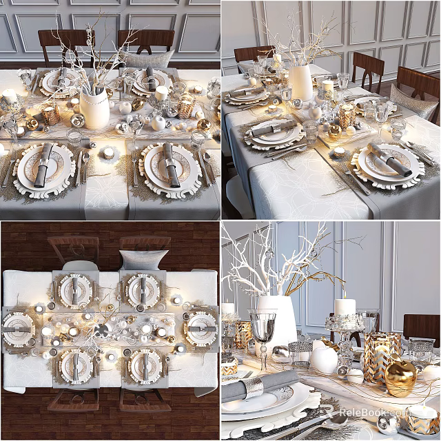 Elegant Silver Gold Dinnerware Set For Table Setting With Candles Vase And Decorative Branches 3d model 