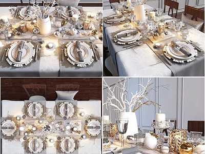 Elegant Silver Gold Dinnerware Set For Table Setting With Candles Vase And Decorative Branches 3d model