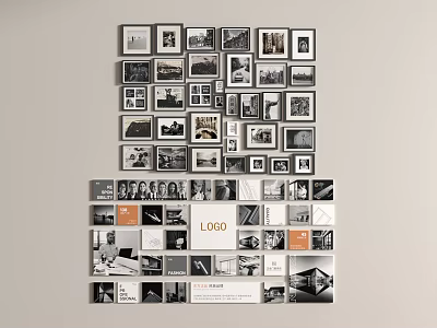 Creative Modern Photo Wall with Various Sized Frames Black White Color Photos and Logo 3d model